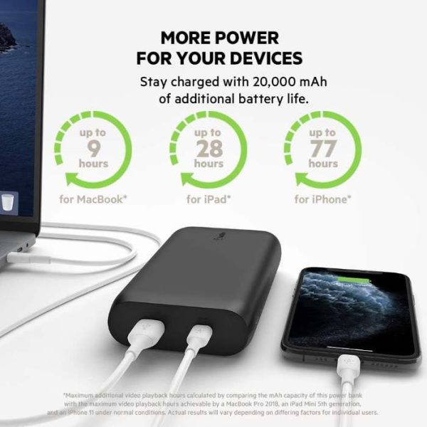 Belkin USB-C PD Power Bank 20K, Fast Charge Portable Charger With USB-C With USB Ports, 20000mAh Capacity, Battery Pack For MacBook, iPhone, iPad, Black (UAE Delivery Only) - Image 2